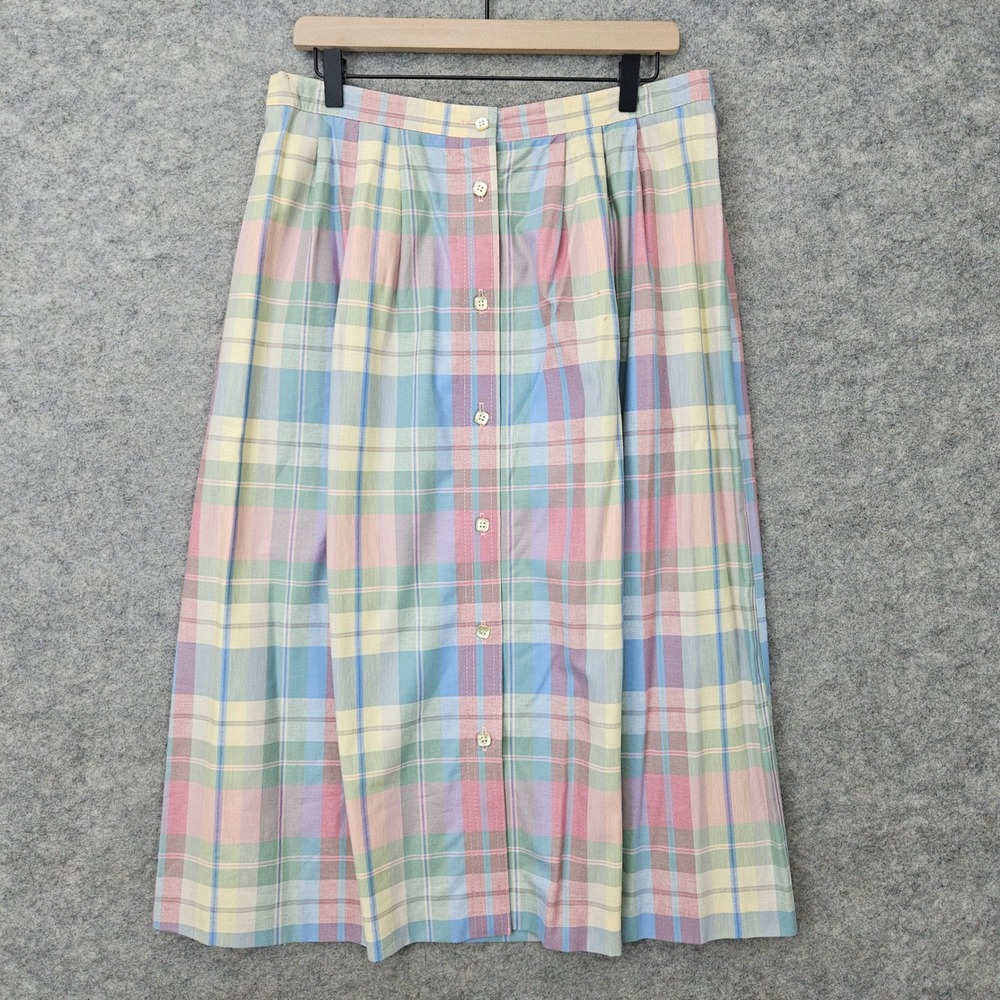 Alfred Dunner Midi Skirt Women 16 Pastel Plaid Button Front Pleats Vintage SPOTS